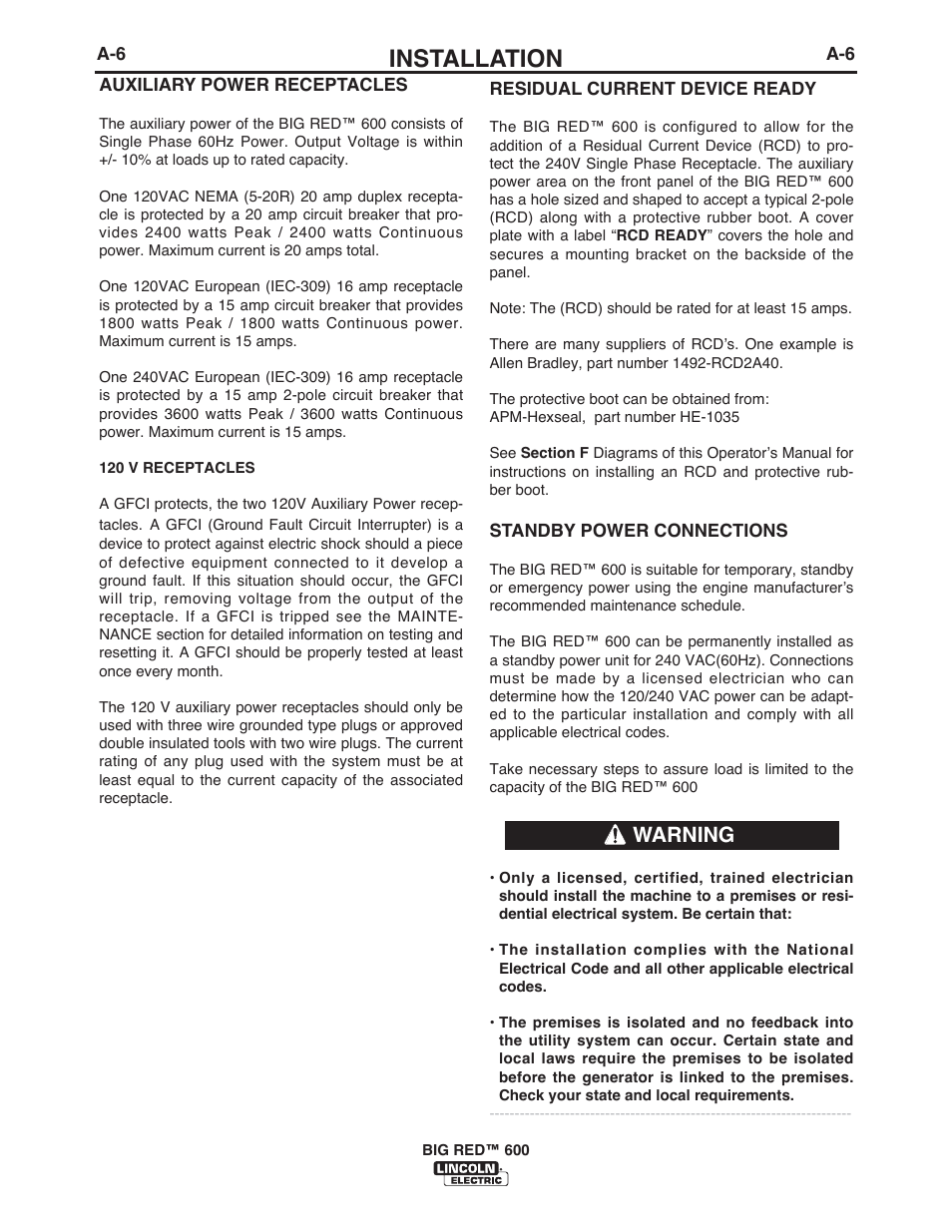 Installation, Warning | Lincoln Electric IM10019 BIG RED 600 User Manual | Page 14 / 41