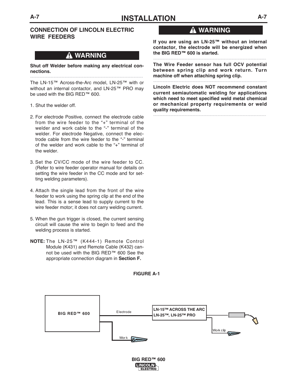 Installation, Warning | Lincoln Electric IM10019 BIG RED 600 User Manual | Page 15 / 41