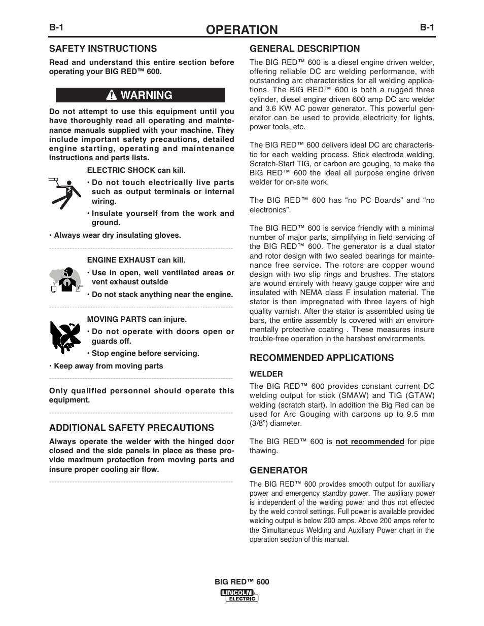 Operation, Warning | Lincoln Electric IM10019 BIG RED 600 User Manual | Page 16 / 41