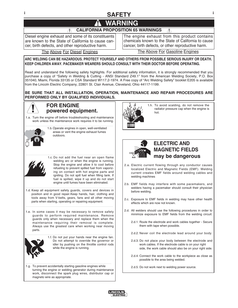 Warning, Safety, For engine powered equipment | Electric and magnetic fields may be dangerous | Lincoln Electric IM10019 BIG RED 600 User Manual | Page 2 / 41