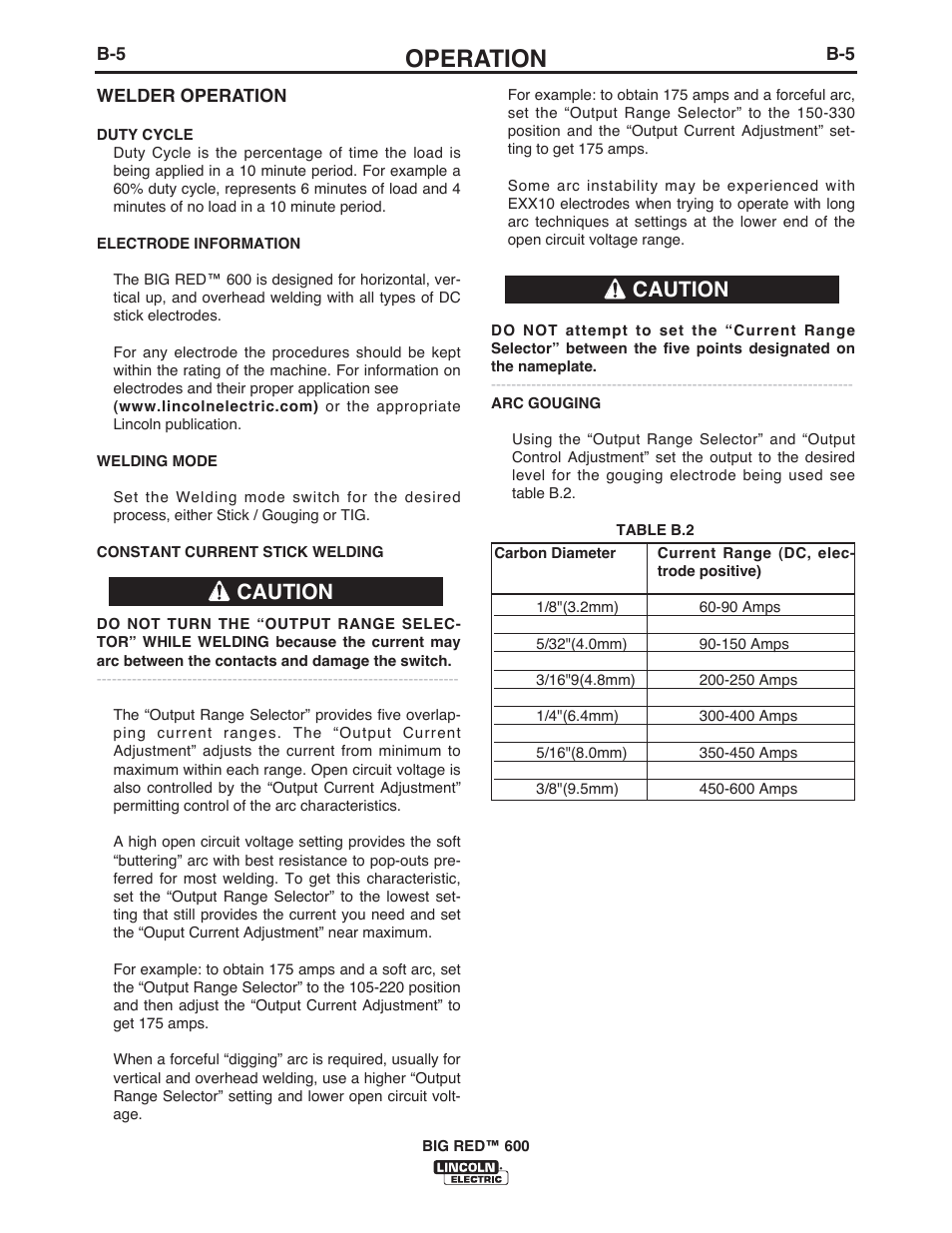 Operation, Caution | Lincoln Electric IM10019 BIG RED 600 User Manual | Page 20 / 41