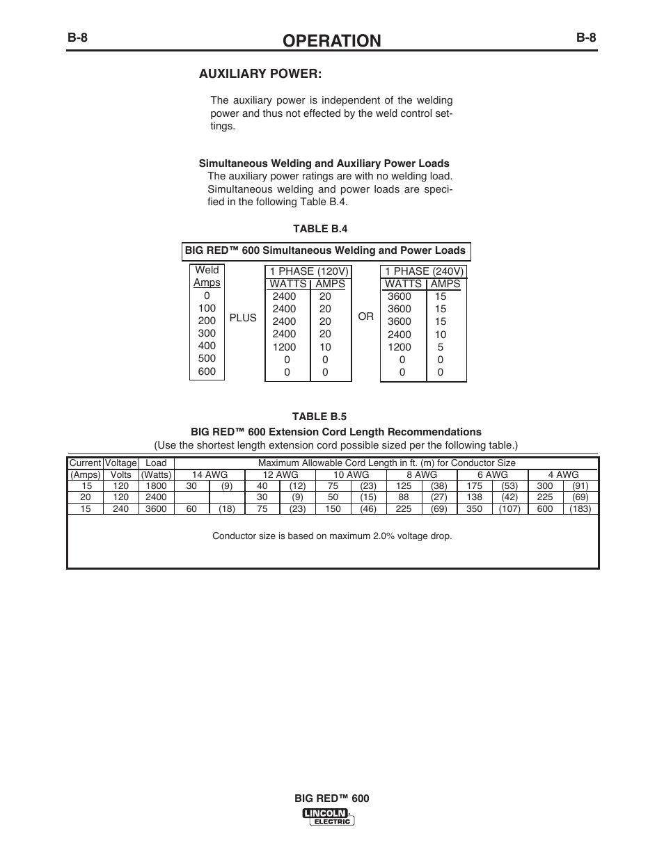 Operation, Auxiliary power | Lincoln Electric IM10019 BIG RED 600 User Manual | Page 23 / 41