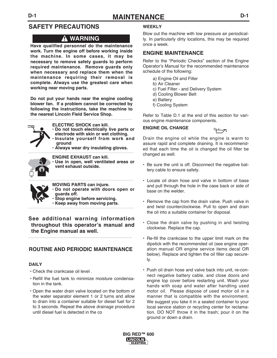 Maintenance, Safety precautions, Warning | Lincoln Electric IM10019 BIG RED 600 User Manual | Page 25 / 41