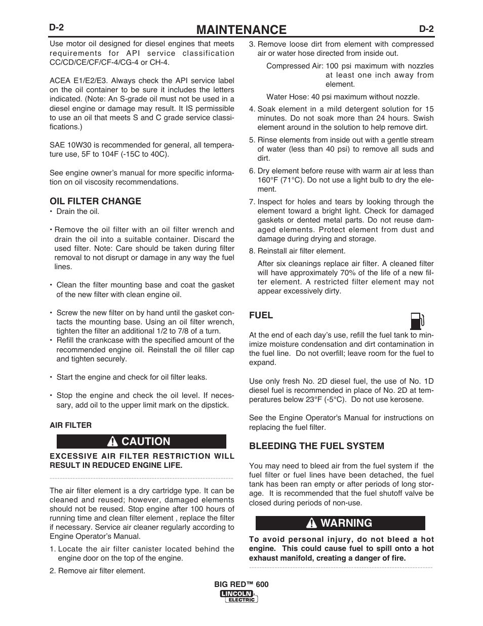 Maintenance, Caution warning | Lincoln Electric IM10019 BIG RED 600 User Manual | Page 26 / 41