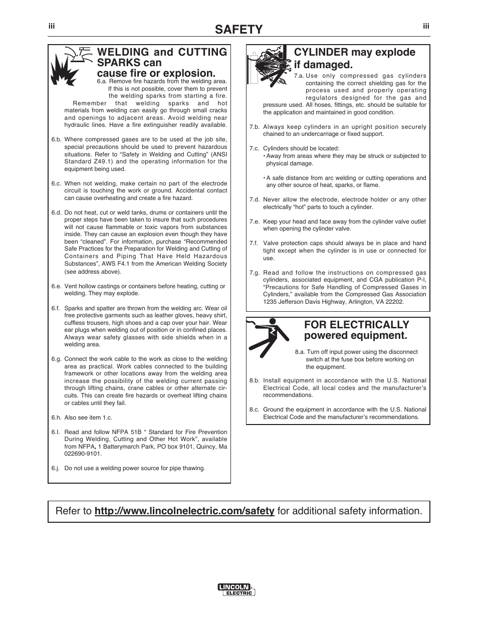 Safety, For electrically powered equipment, Cylinder may explode if damaged | Lincoln Electric IM10019 BIG RED 600 User Manual | Page 4 / 41