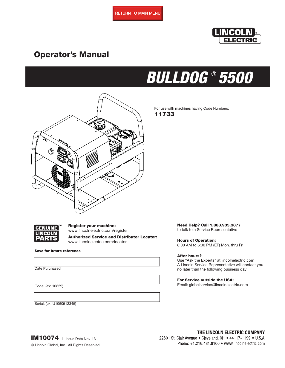 Lincoln Electric IM10074 BULLDOG 5500 User Manual | 56 pages