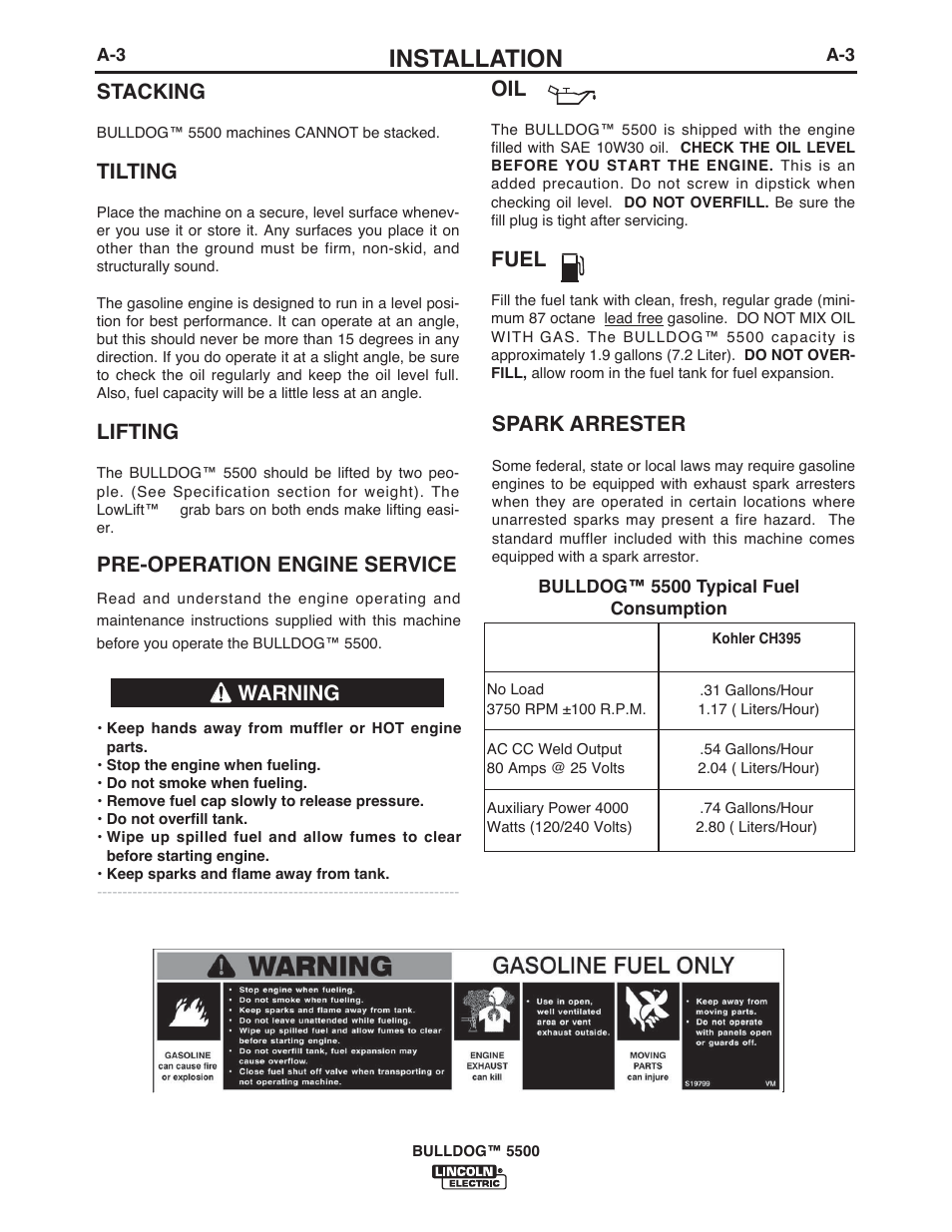 Installation, Spark arrester, Warning | Pre-operation engine service, Fuel, Stacking, Tilting, Lifting | Lincoln Electric IM10074 BULLDOG 5500 User Manual | Page 10 / 56