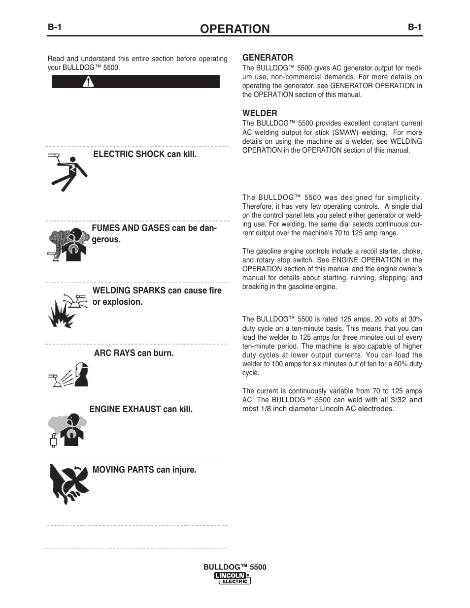 Operation, Safety instructions, Recommended applications | Operational features and controls, Welding capability, Warning | Lincoln Electric IM10074 BULLDOG 5500 User Manual | Page 15 / 56