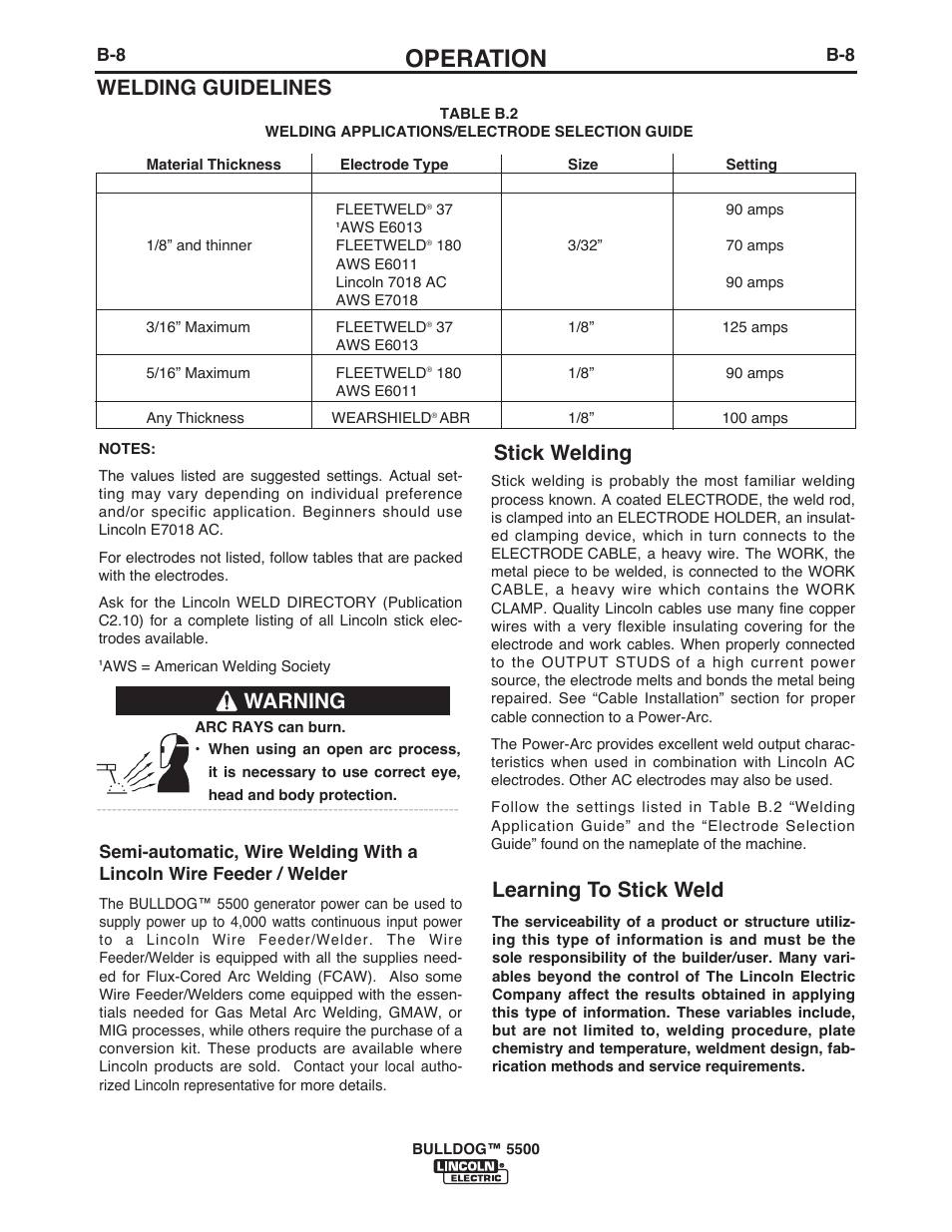Operation, Stick welding, Welding guidelines | Learning to stick weld, Warning | Lincoln Electric IM10074 BULLDOG 5500 User Manual | Page 22 / 56