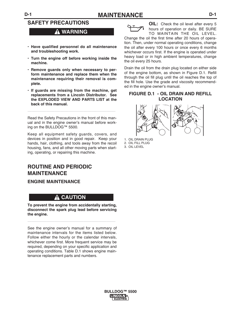 Maintenance, Safety precautions, Routine and periodic maintenance | Warning caution | Lincoln Electric IM10074 BULLDOG 5500 User Manual | Page 32 / 56