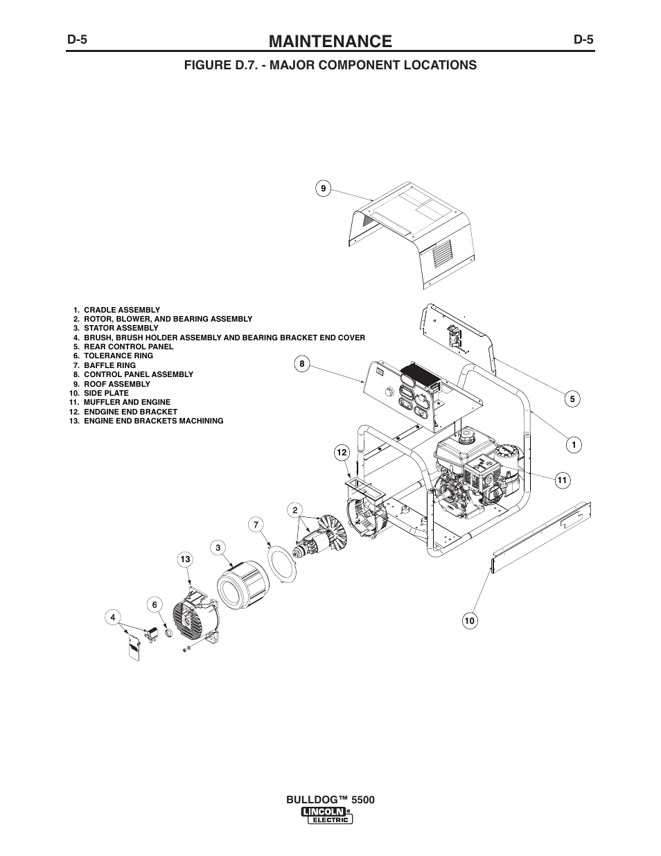 Maintenance, Figure d.7. - major component locations | Lincoln Electric IM10074 BULLDOG 5500 User Manual | Page 36 / 56