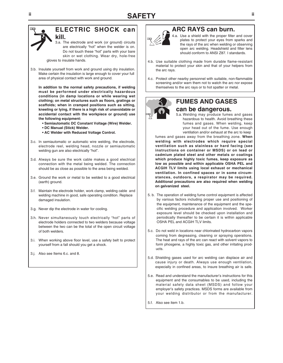 Safety, Arc rays can burn, Electric shock can kill | Fumes and gases can be dangerous | Lincoln Electric IM10067 CENTURY AC120 User Manual | Page 3 / 20