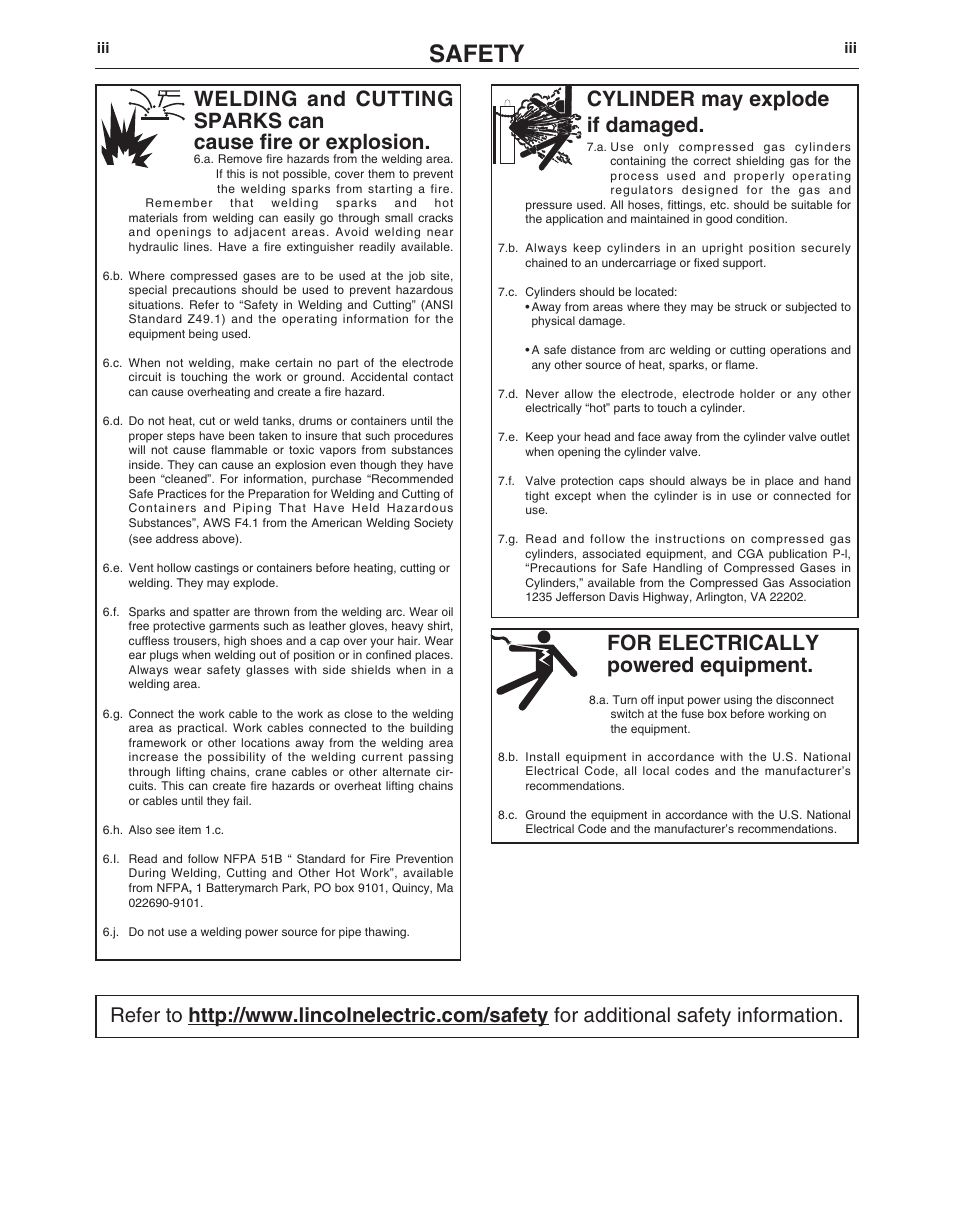 Safety, For electrically powered equipment, Cylinder may explode if damaged | Lincoln Electric IM10067 CENTURY AC120 User Manual | Page 4 / 20