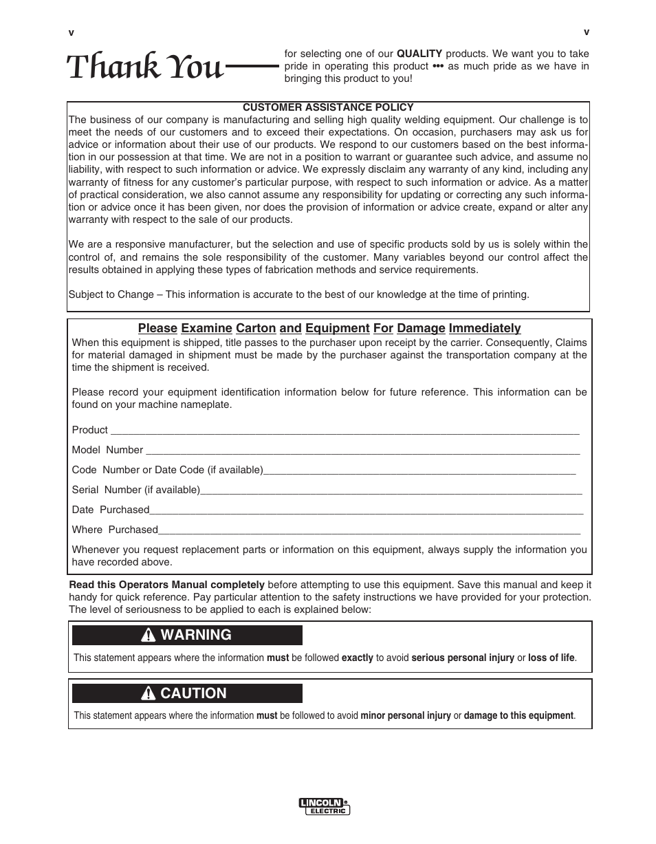 Warning, Caution | Lincoln Electric IM10067 CENTURY AC120 User Manual | Page 6 / 20