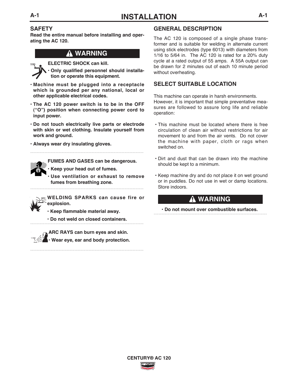 Installation, Warning | Lincoln Electric IM10067 CENTURY AC120 User Manual | Page 8 / 20