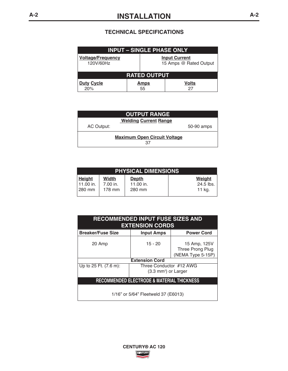 Installation | Lincoln Electric IM10067 CENTURY AC120 User Manual | Page 9 / 20