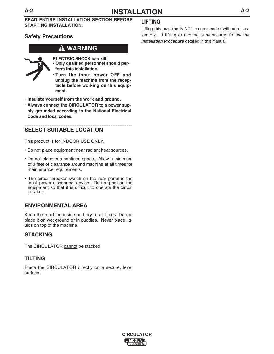 Installation, Warning | Lincoln Electric IM10109 CIRCULATOR User Manual | Page 10 / 33