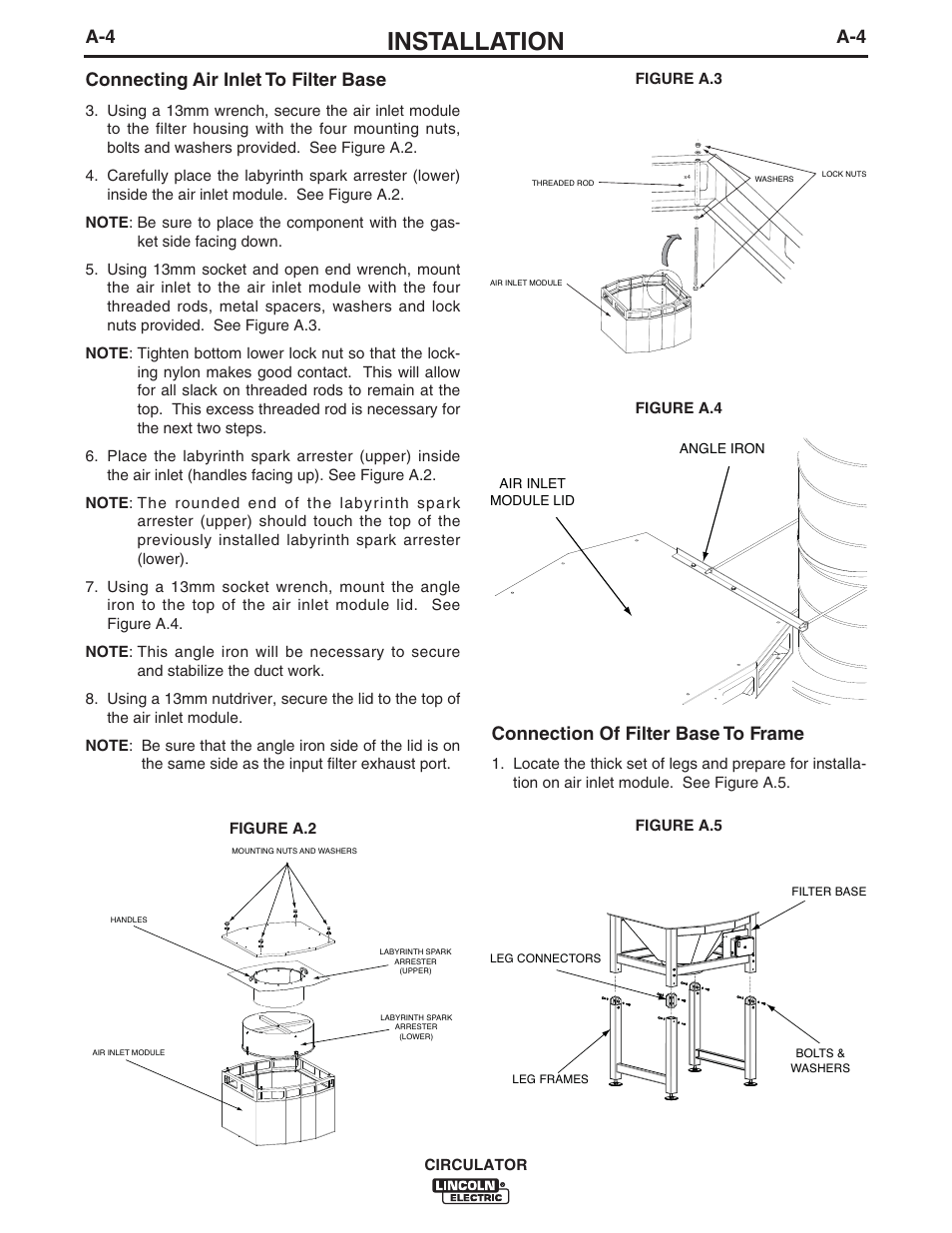 Installation, A-4 connecting air inlet to filter base, Connection of filter base to frame | Lincoln Electric IM10109 CIRCULATOR User Manual | Page 12 / 33