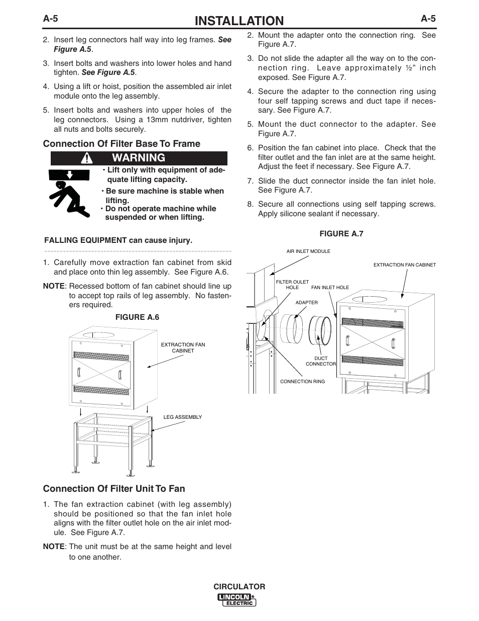 Installation, Warning, Connection of filter base to frame | Connection of filter unit to fan | Lincoln Electric IM10109 CIRCULATOR User Manual | Page 13 / 33