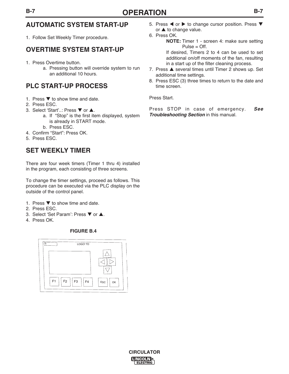 Operation, Automatic system start-up, Overtime system start-up | Plc start-up process, Set weekly timer | Lincoln Electric IM10109 CIRCULATOR User Manual | Page 23 / 33