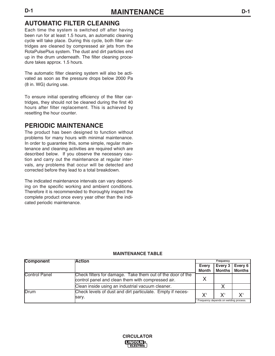 Maintenance, Automatic filter cleaning, Periodic maintenance | Lincoln Electric IM10109 CIRCULATOR User Manual | Page 24 / 33