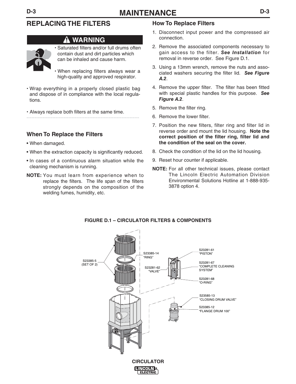 Maintenance, Replacing the filters, Warning | Lincoln Electric IM10109 CIRCULATOR User Manual | Page 26 / 33