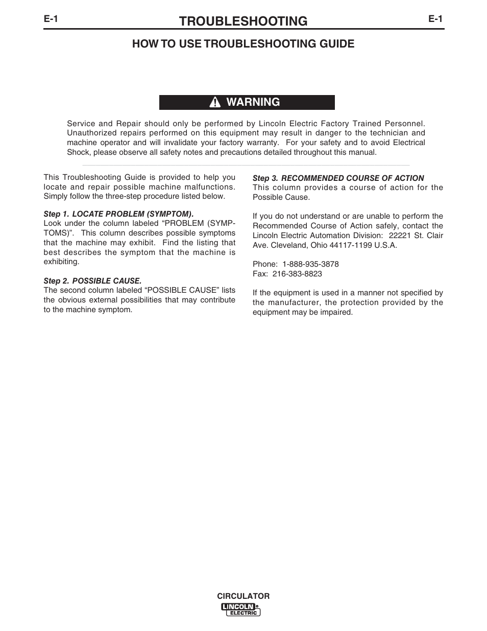 Troubleshooting, How to use troubleshooting guide, Warning | Lincoln Electric IM10109 CIRCULATOR User Manual | Page 27 / 33