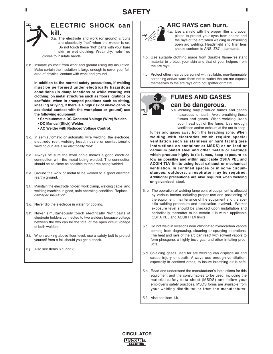 Safety, Arc rays can burn, Electric shock can kill | Fumes and gases can be dangerous | Lincoln Electric IM10109 CIRCULATOR User Manual | Page 3 / 33