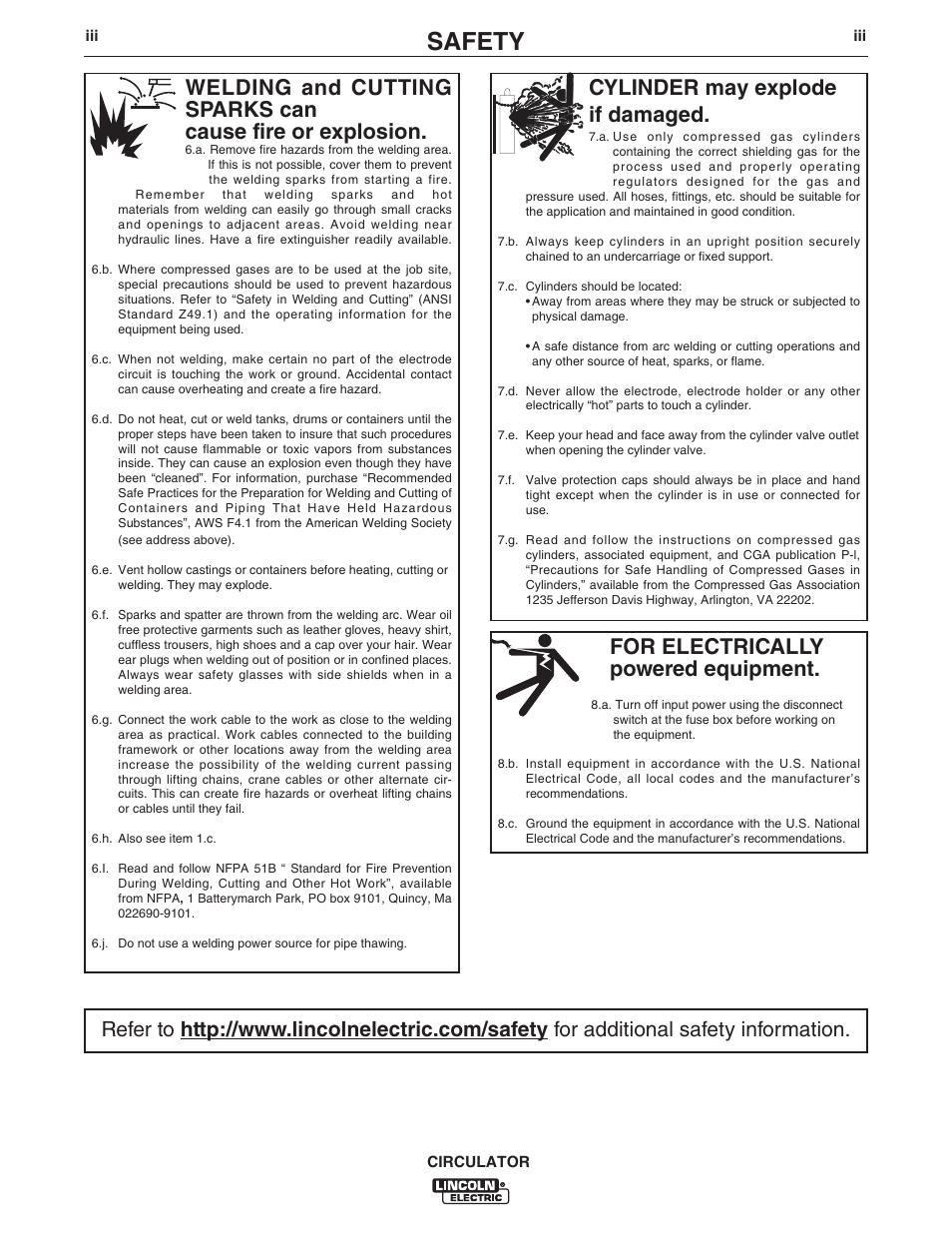 Safety, For electrically powered equipment, Cylinder may explode if damaged | Lincoln Electric IM10109 CIRCULATOR User Manual | Page 4 / 33