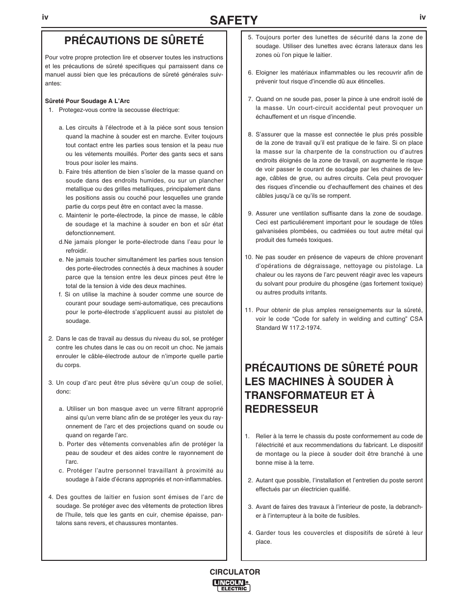 Safety, Précautions de sûreté | Lincoln Electric IM10109 CIRCULATOR User Manual | Page 5 / 33