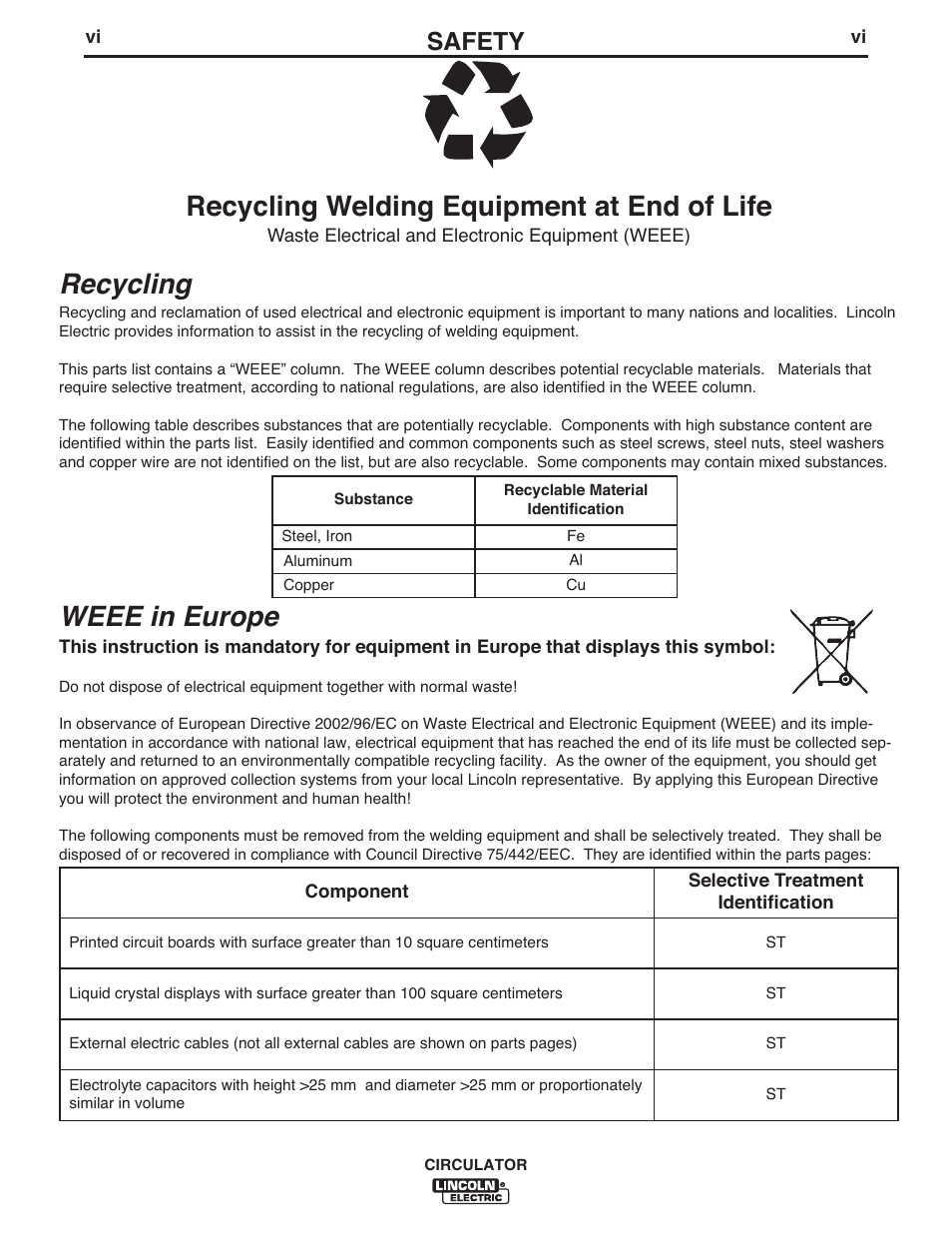 Recycling welding equipment at end of life, Recycling, Weee in europe | Safety | Lincoln Electric IM10109 CIRCULATOR User Manual | Page 6 / 33