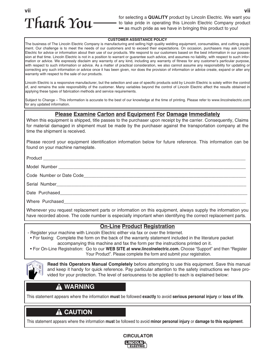 Warning, Caution | Lincoln Electric IM10109 CIRCULATOR User Manual | Page 7 / 33