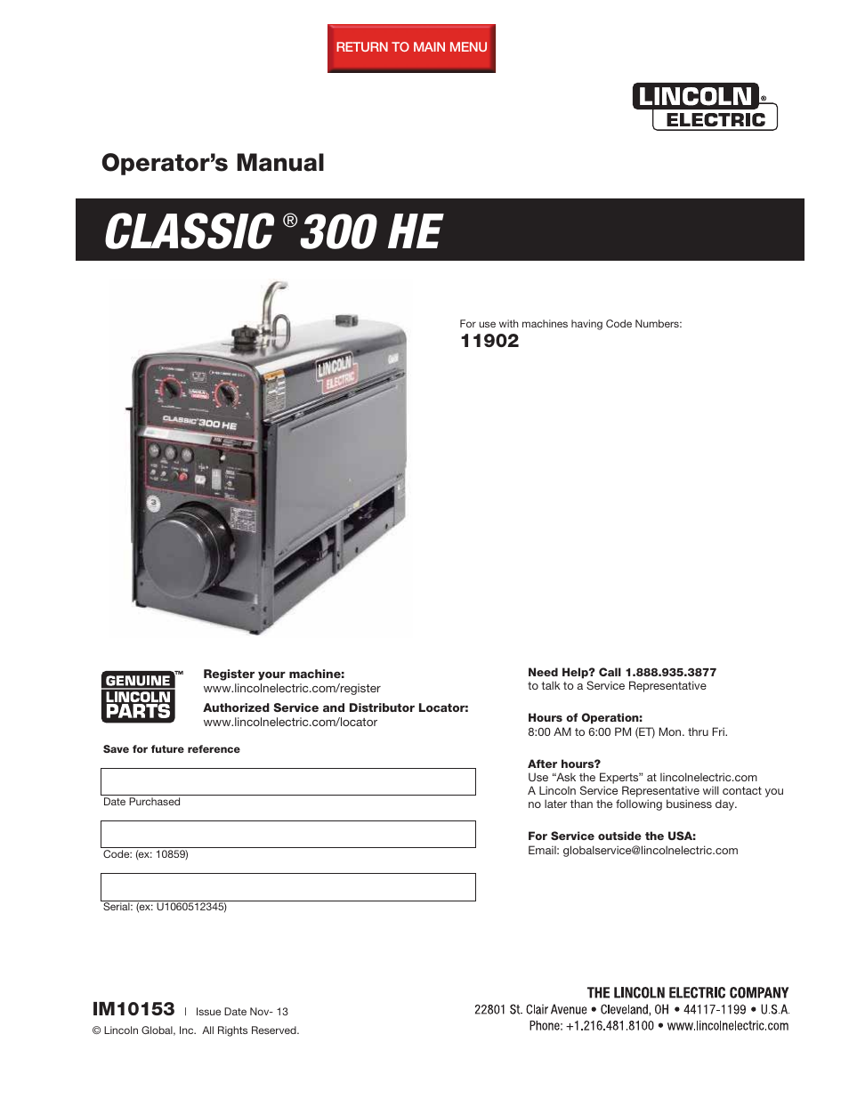 Lincoln Electric IM10153 CLASSIC 300 HE User Manual | 60 pages