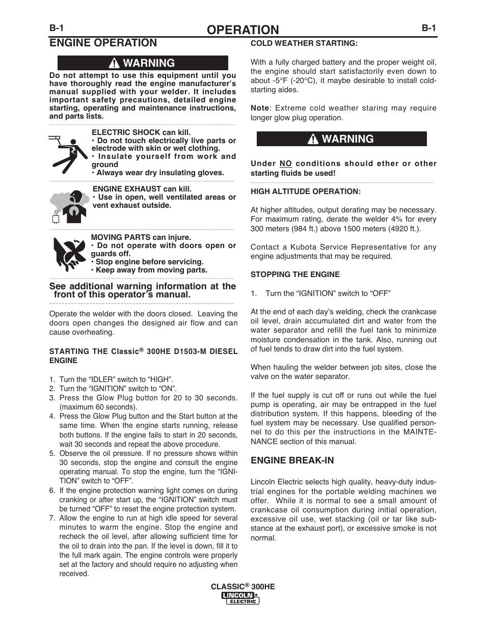 Operation, Engine operation, Warning | Lincoln Electric IM10153 CLASSIC 300 HE User Manual | Page 15 / 60