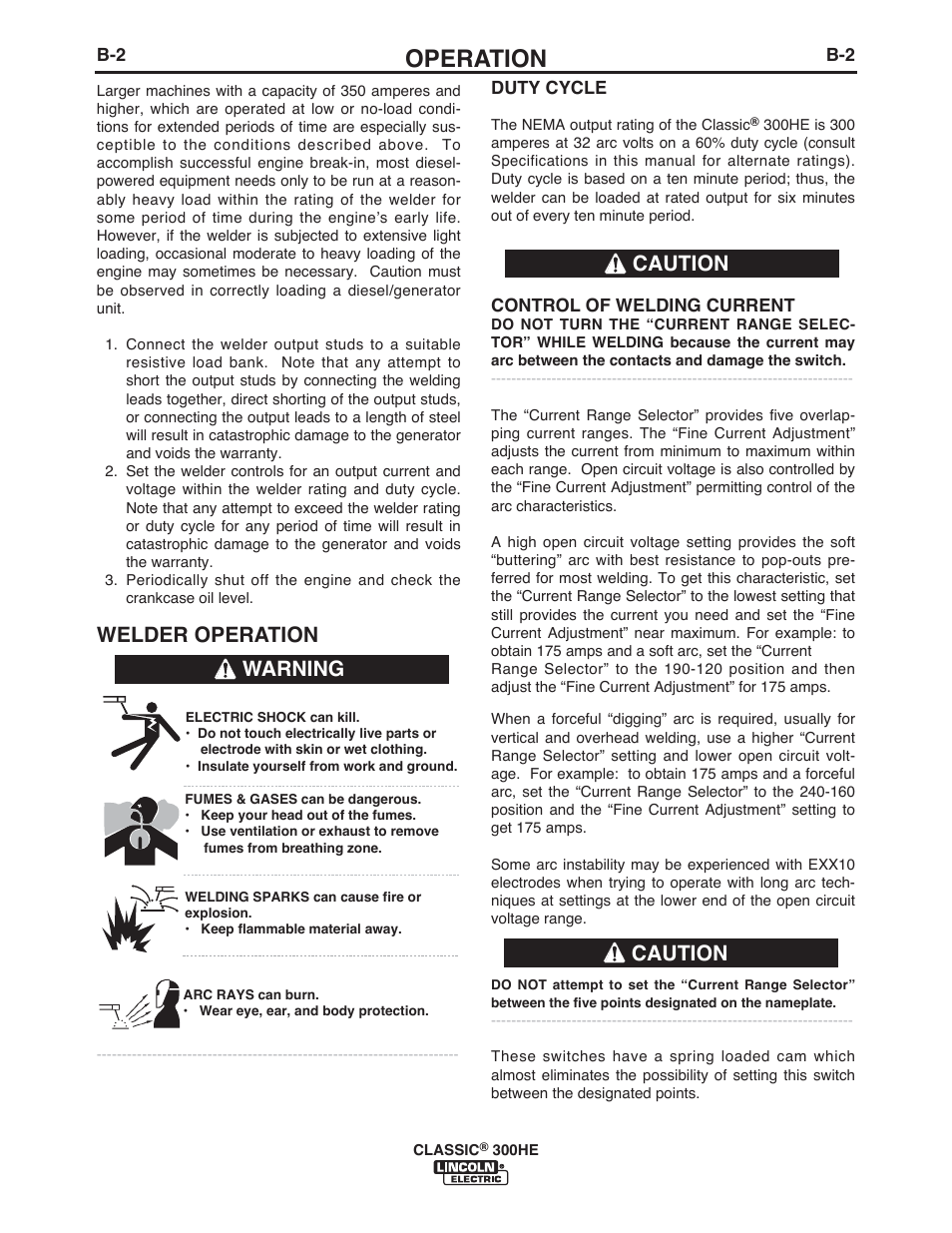 Operation, Welder operation, Warning caution caution | Lincoln Electric IM10153 CLASSIC 300 HE User Manual | Page 16 / 60