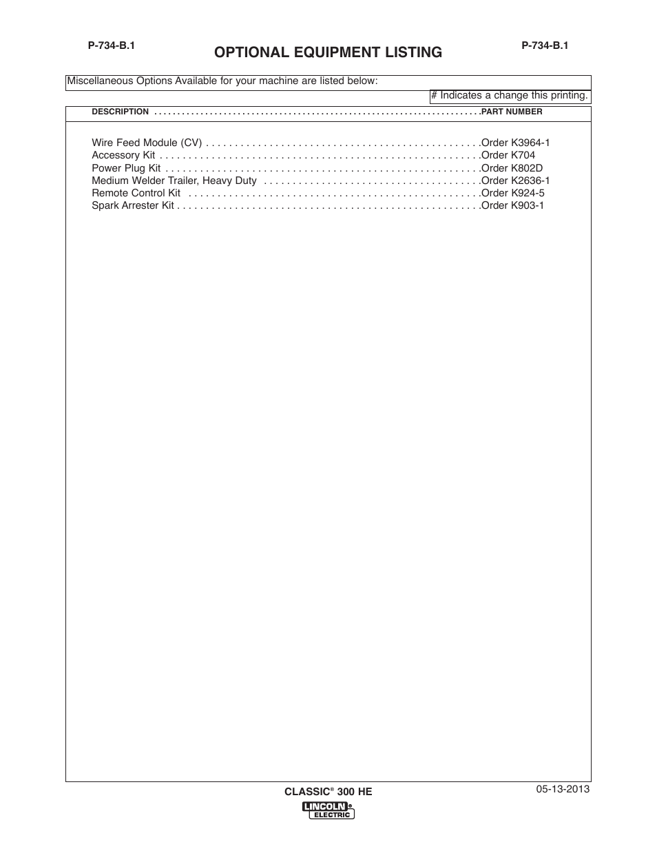 Optional equipment listing | Lincoln Electric IM10153 CLASSIC 300 HE User Manual | Page 37 / 60