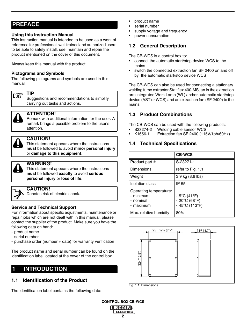 Preface, Introduction, 1 identification of the product | 2 general description, 3 product combinations, 4 technical specifications, Introduction 1.1, Identification of the product, General description, Product combinations | Lincoln Electric IM10070 Control Box CB-WCS User Manual | Page 10 / 20