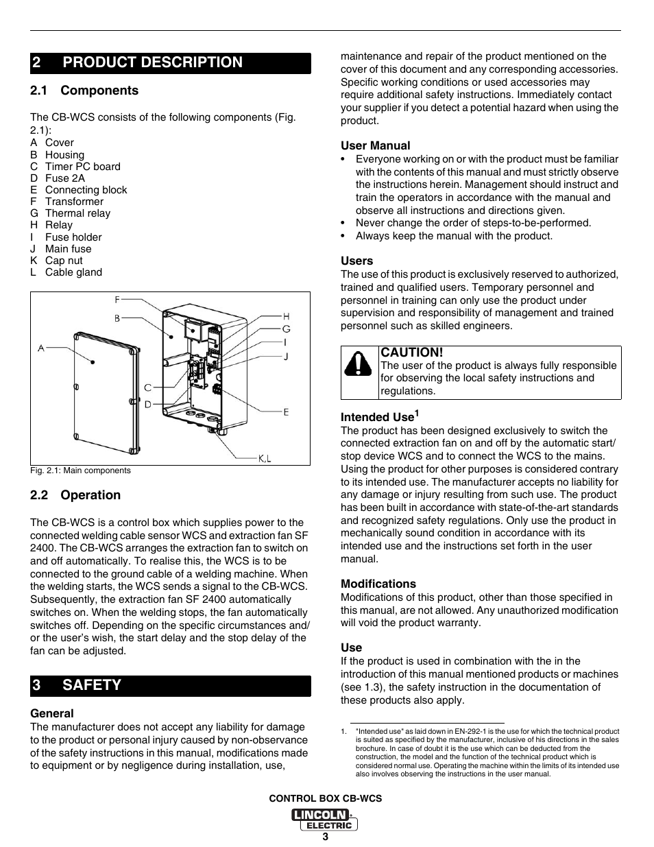 Product description, 1 components, 2 operation | Safety, Product description 2.1, Components, Operation, 2product description 3 safety | Lincoln Electric IM10070 Control Box CB-WCS User Manual | Page 11 / 20