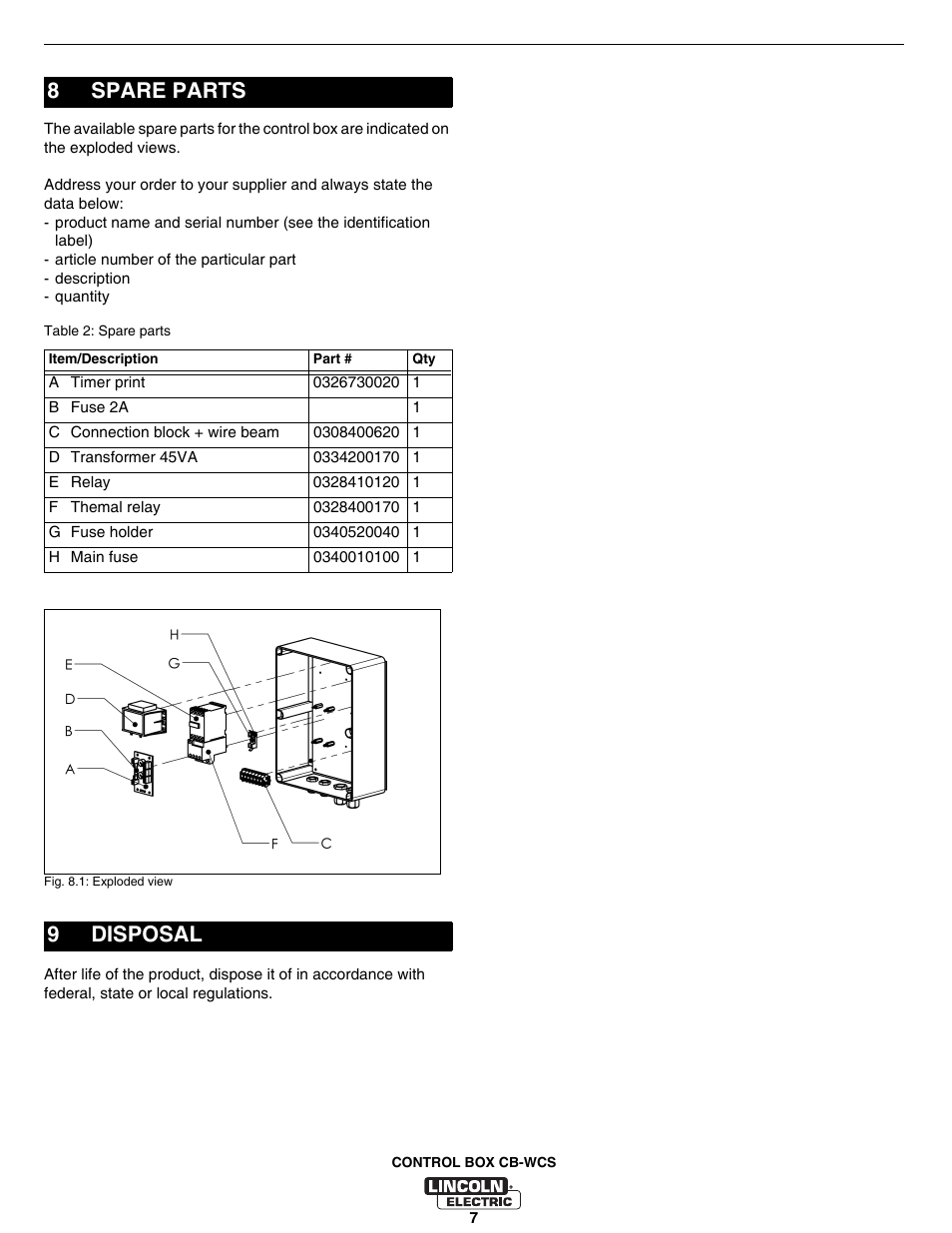 Spare parts, Disposal, 8spare parts | 9disposal | Lincoln Electric IM10070 Control Box CB-WCS User Manual | Page 15 / 20