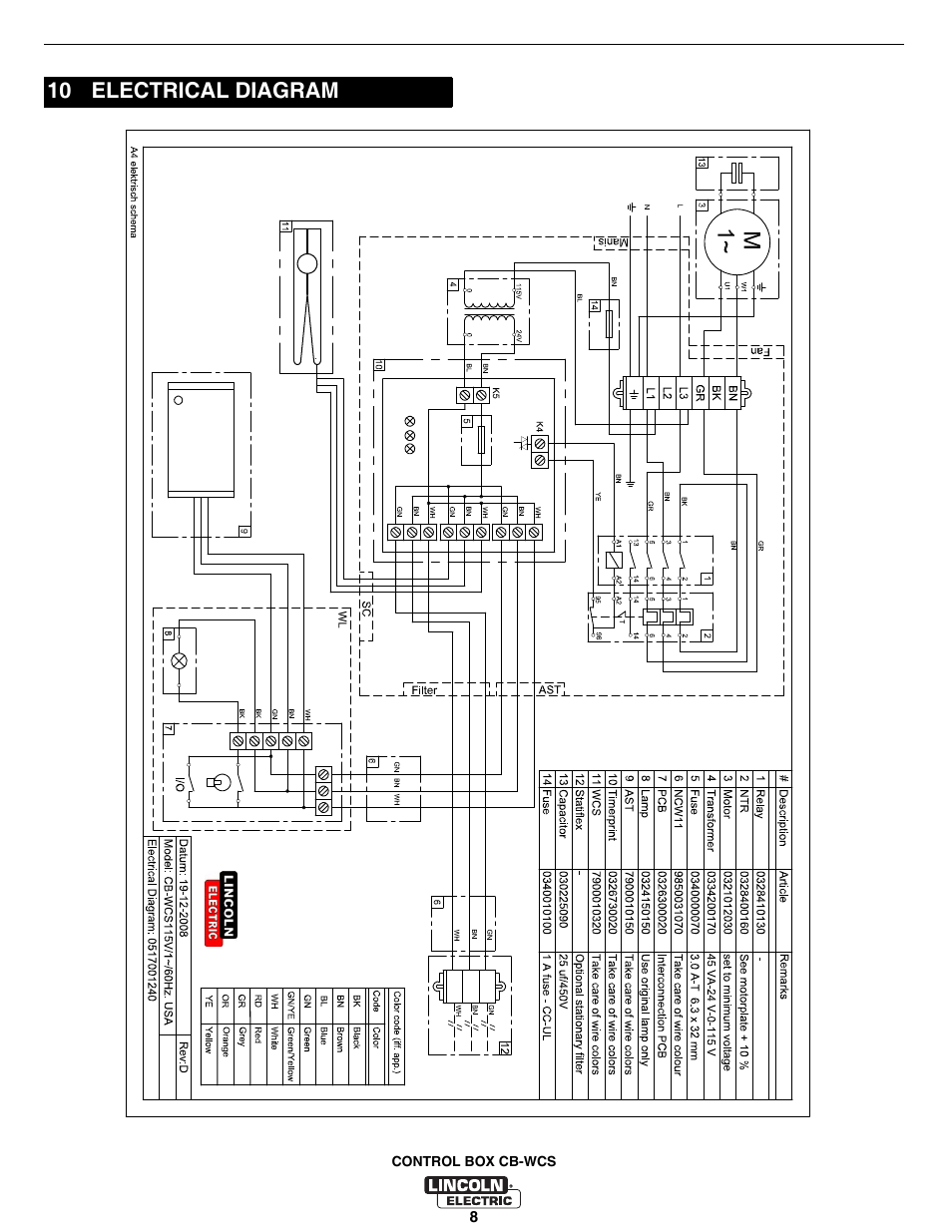 Electrical diagram, 10 electrical diagram | Lincoln Electric IM10070 Control Box CB-WCS User Manual | Page 16 / 20