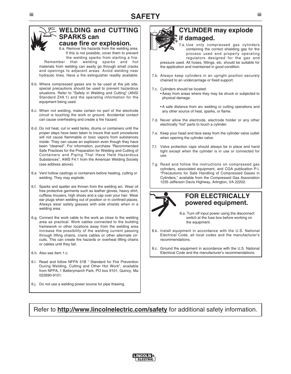 Safety, For electrically powered equipment, Cylinder may explode if damaged | Lincoln Electric IM10070 Control Box CB-WCS User Manual | Page 4 / 20