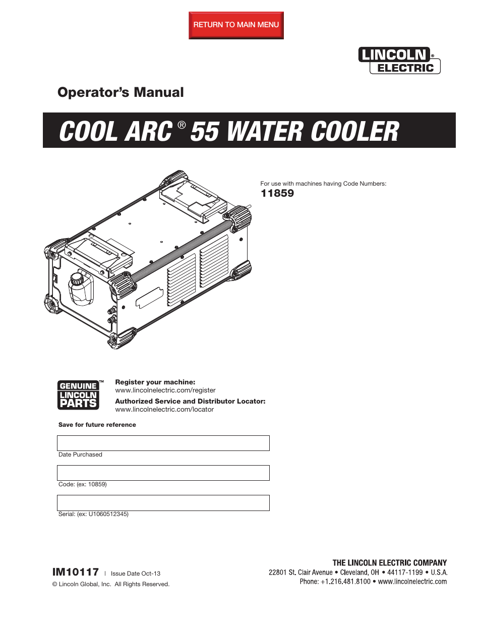 Lincoln Electric IM10117 COOL ARC 55 WATER COOLER User Manual | 36 pages