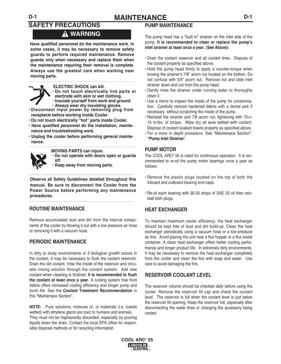 Maintenance, Warning safety precautions | Lincoln Electric IM10117 COOL ARC 55 WATER COOLER User Manual | Page 15 / 36