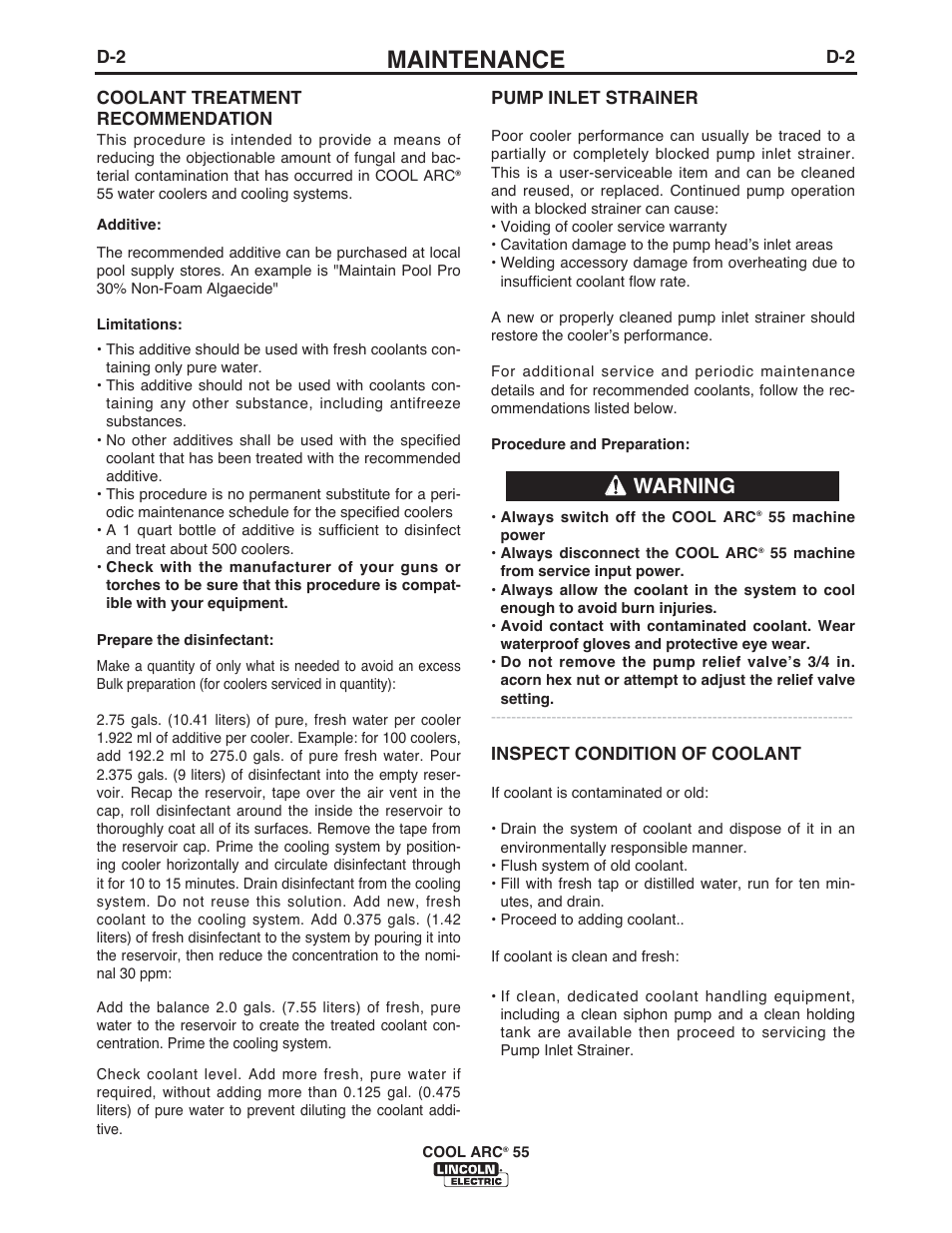 Maintenance, Warning | Lincoln Electric IM10117 COOL ARC 55 WATER COOLER User Manual | Page 16 / 36