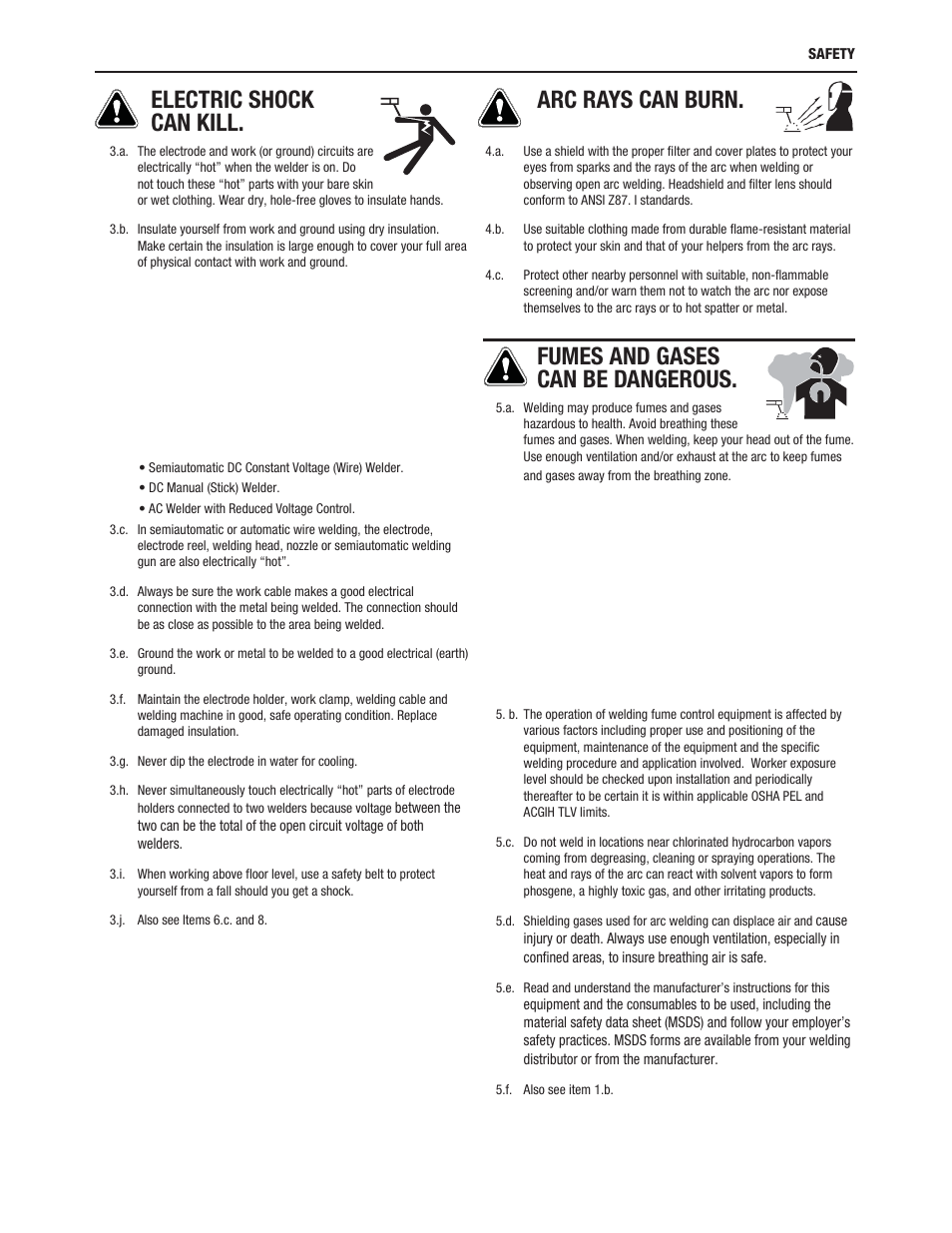 Electric shock can kill, Arc rays can burn, Fumes and gases can be dangerous | Lincoln Electric IM10117 COOL ARC 55 WATER COOLER User Manual | Page 4 / 36