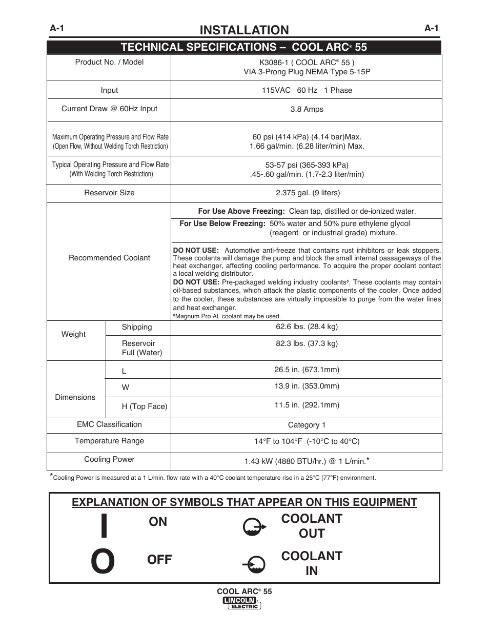 Installation, On coolant out coolant in, Technical specifications – cool arc | Lincoln Electric IM10117 COOL ARC 55 WATER COOLER User Manual | Page 7 / 36