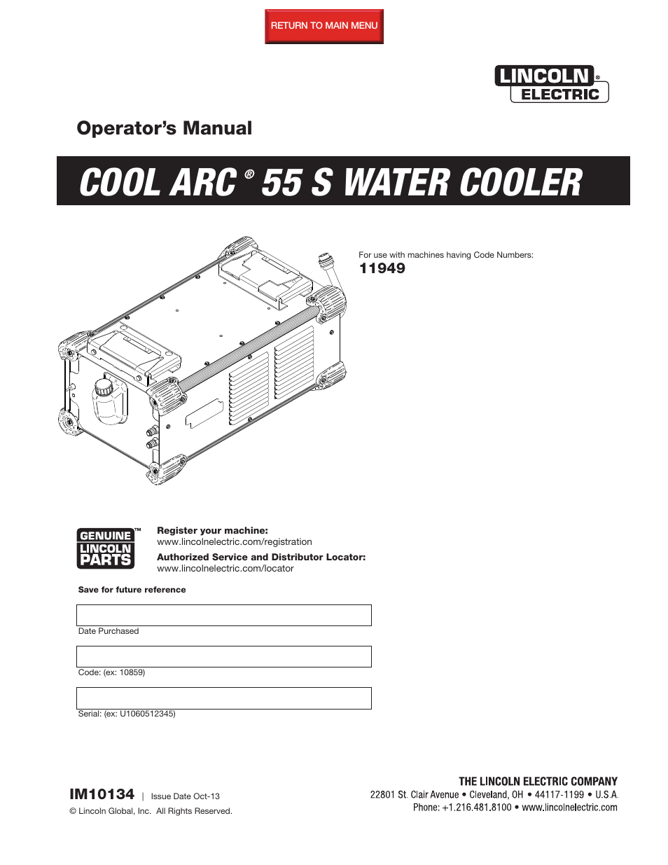 Lincoln Electric IM10134 COOL ARC 55 S WATER COOLER User Manual | 40 pages