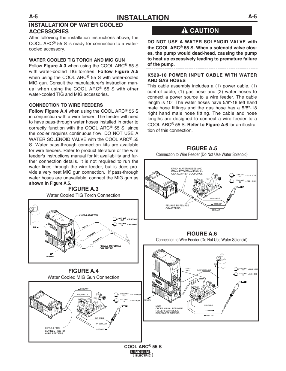 Installation, Caution, A-5 installation of water cooled accessories | Figure a.3, Figure a.4, Figure a.5, Figure a.6, Cool arc, 55 s, Water cooled tig torch connection | Lincoln Electric IM10134 COOL ARC 55 S WATER COOLER User Manual | Page 11 / 40