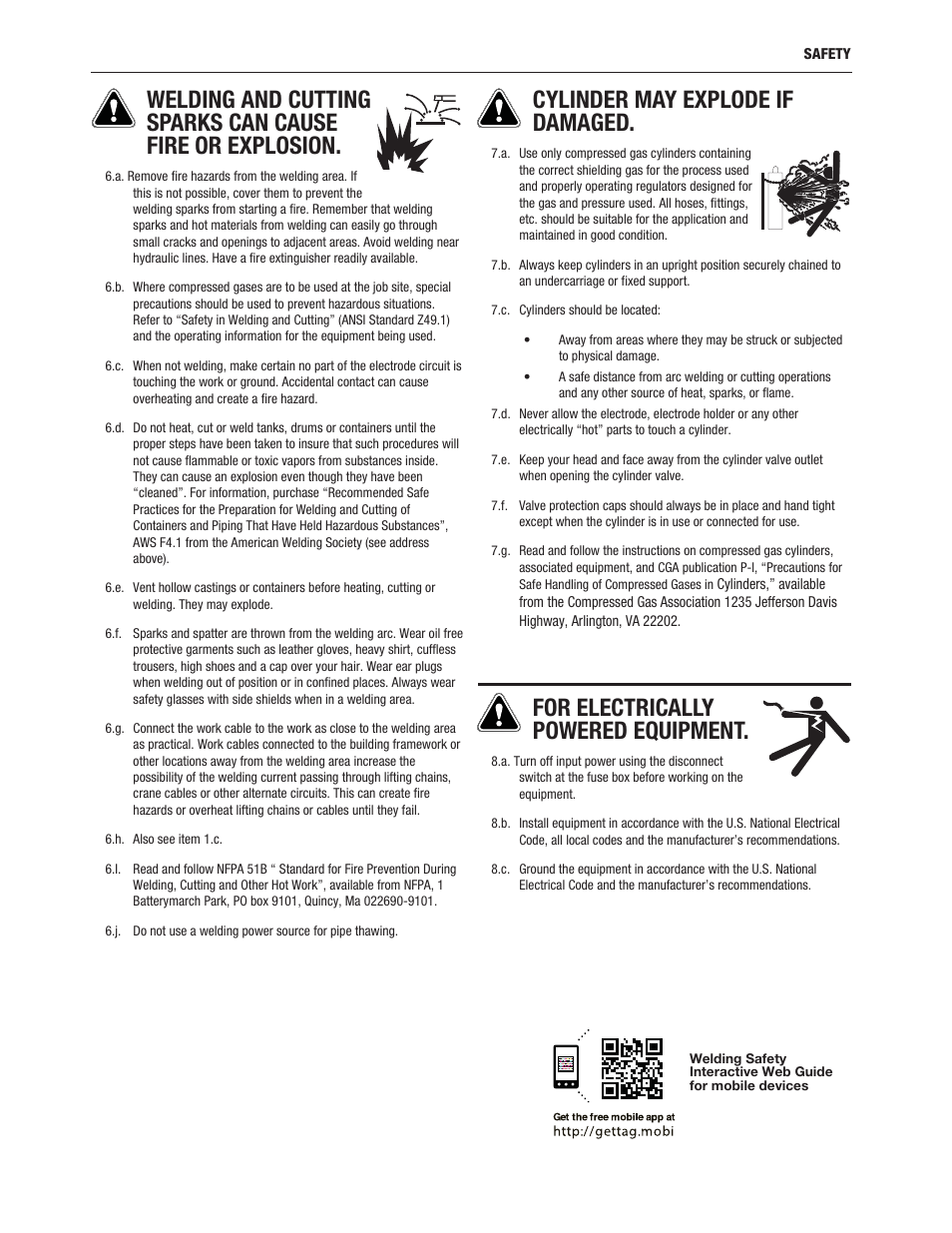 Cylinder may explode if damaged, For electrically powered equipment | Lincoln Electric IM10134 COOL ARC 55 S WATER COOLER User Manual | Page 5 / 40