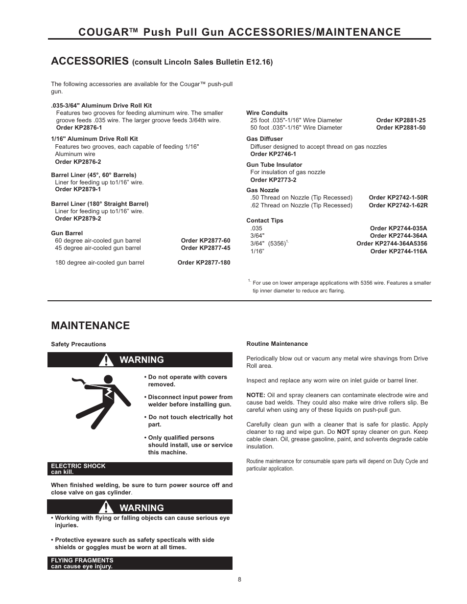 Cougar™ push pull gun accessories/maintenance, Accessories, Maintenance | Warning | Lincoln Electric IM10032 COUGAR K2704-2, K2704-3 User Manual | Page 14 / 22